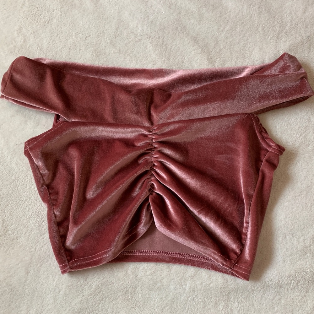 Pink suede off the shoulder crop top